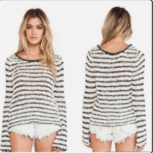 Free People Sweater Downy Stripe Pullover Bell Sleeve Ivory Combo Boho fuzzy XS